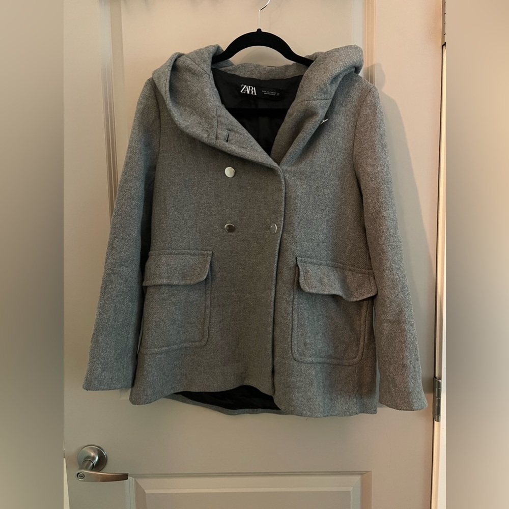 Zara hood double breast wool hooded jacket grey size small - Picture 10 of 12